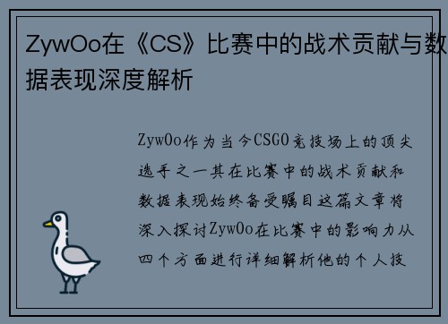 ZywOo在《CS》比赛中的战术贡献与数据表现深度解析